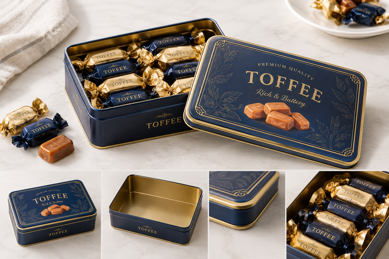 custom toffee tin with individually wrapped toffees and fitted lid