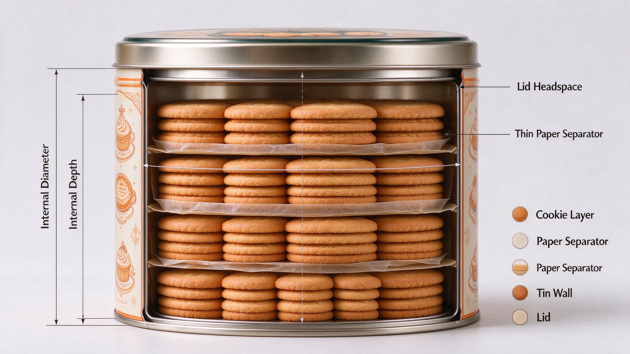 cutaway of a round cookie tin showing four cookie layers, paper separators and lid headspace