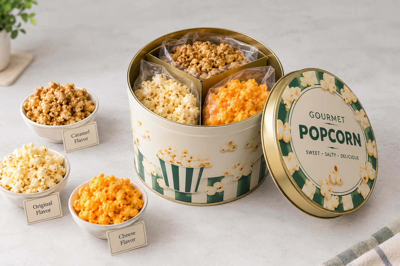 multi-flavor popcorn tin with separate inner bags and divider