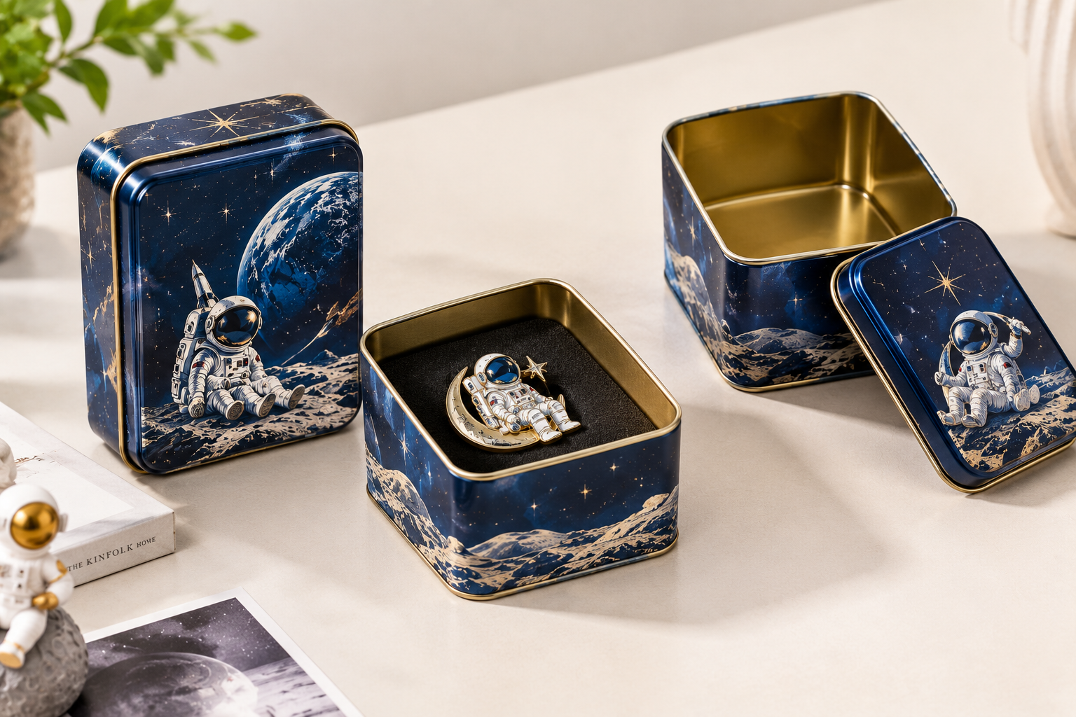 open and closed collectible tin showing product presentation and reusable interior space