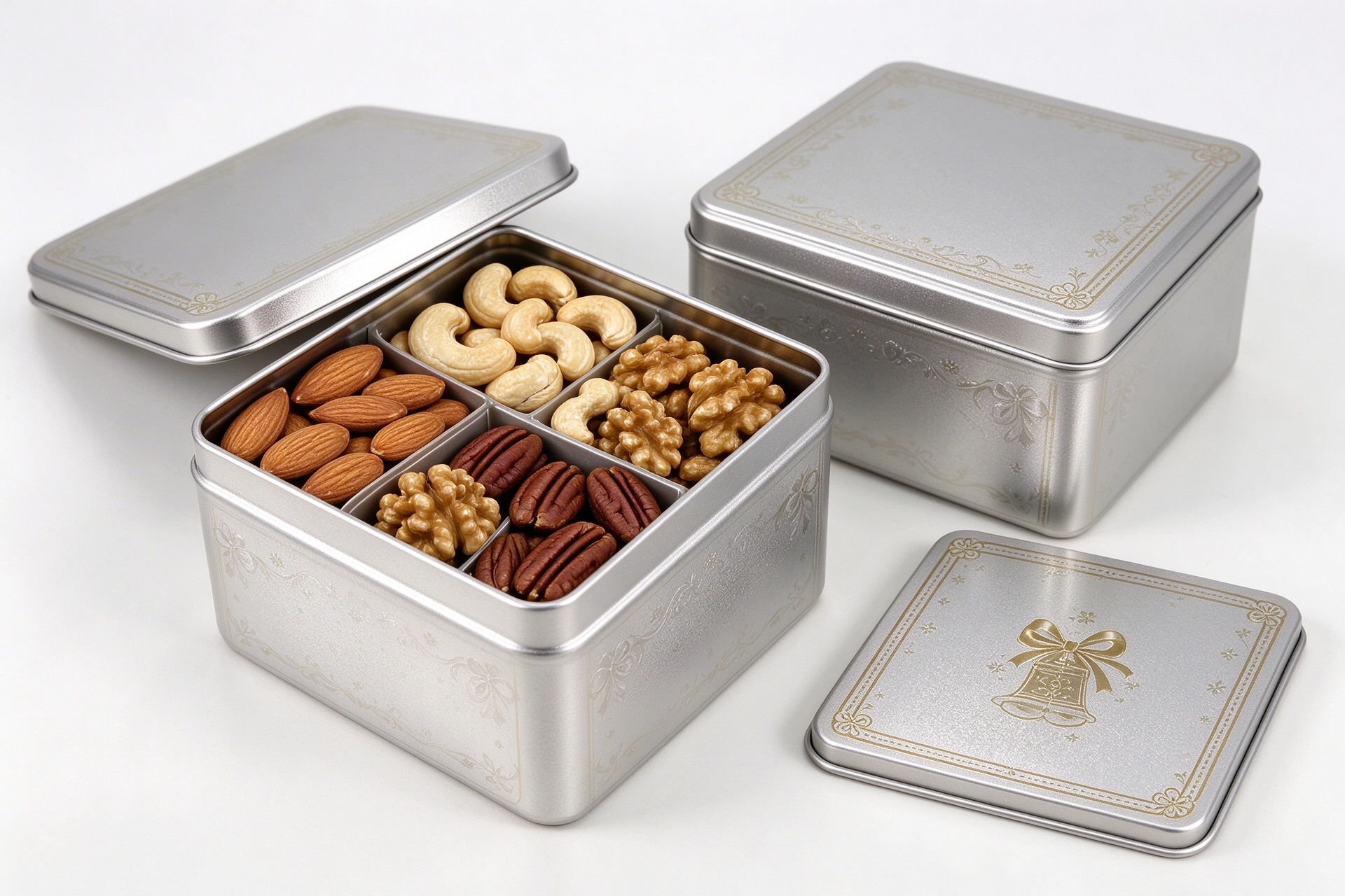 open nut gift tin filled with an assortment of almonds, cashews, walnuts and pecans