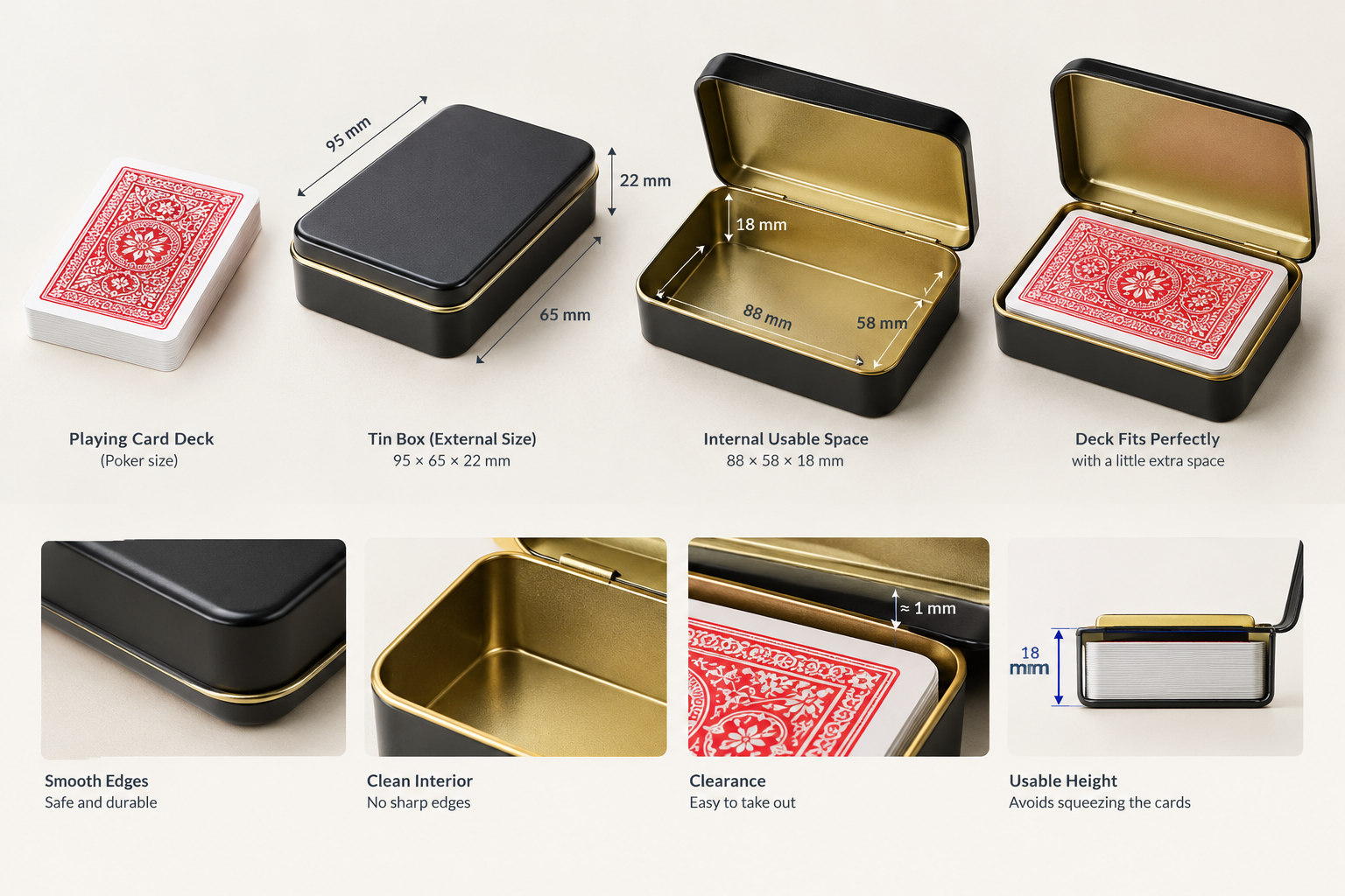 playing card tin box showing deck fit and usable internal space