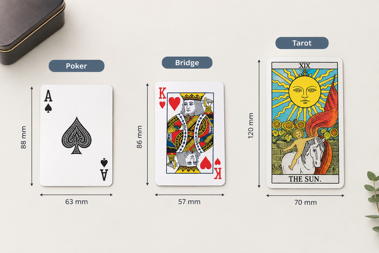 poker, bridge and tarot card sizes compared for custom playing card tin planning