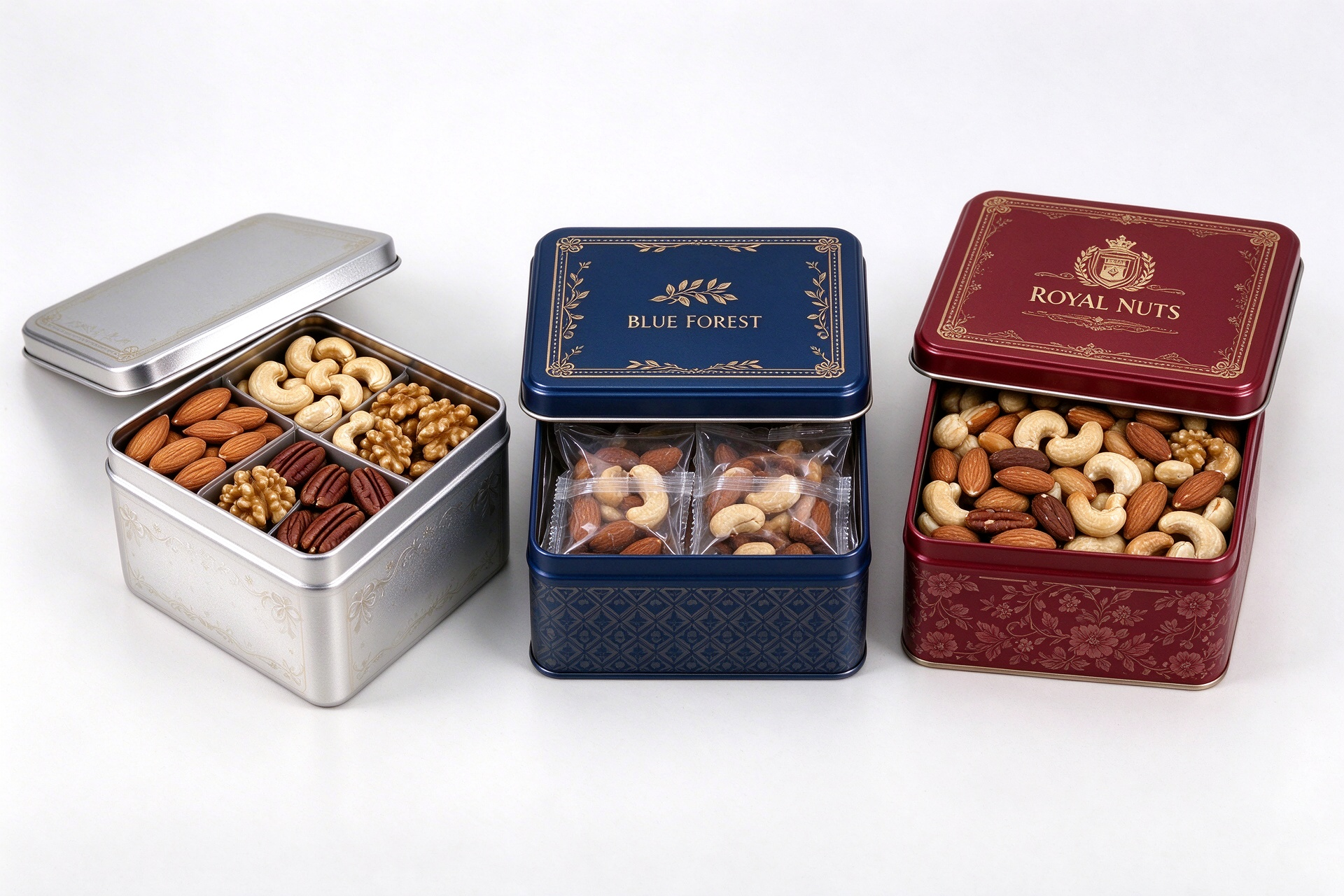 printed nut gift tins in different brand colors, one open with mixed nuts
