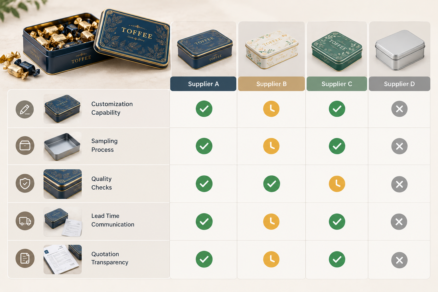 toffee tin supplier evaluation checklist comparing customization, sampling, quality checks, lead time communication and quotation transparency