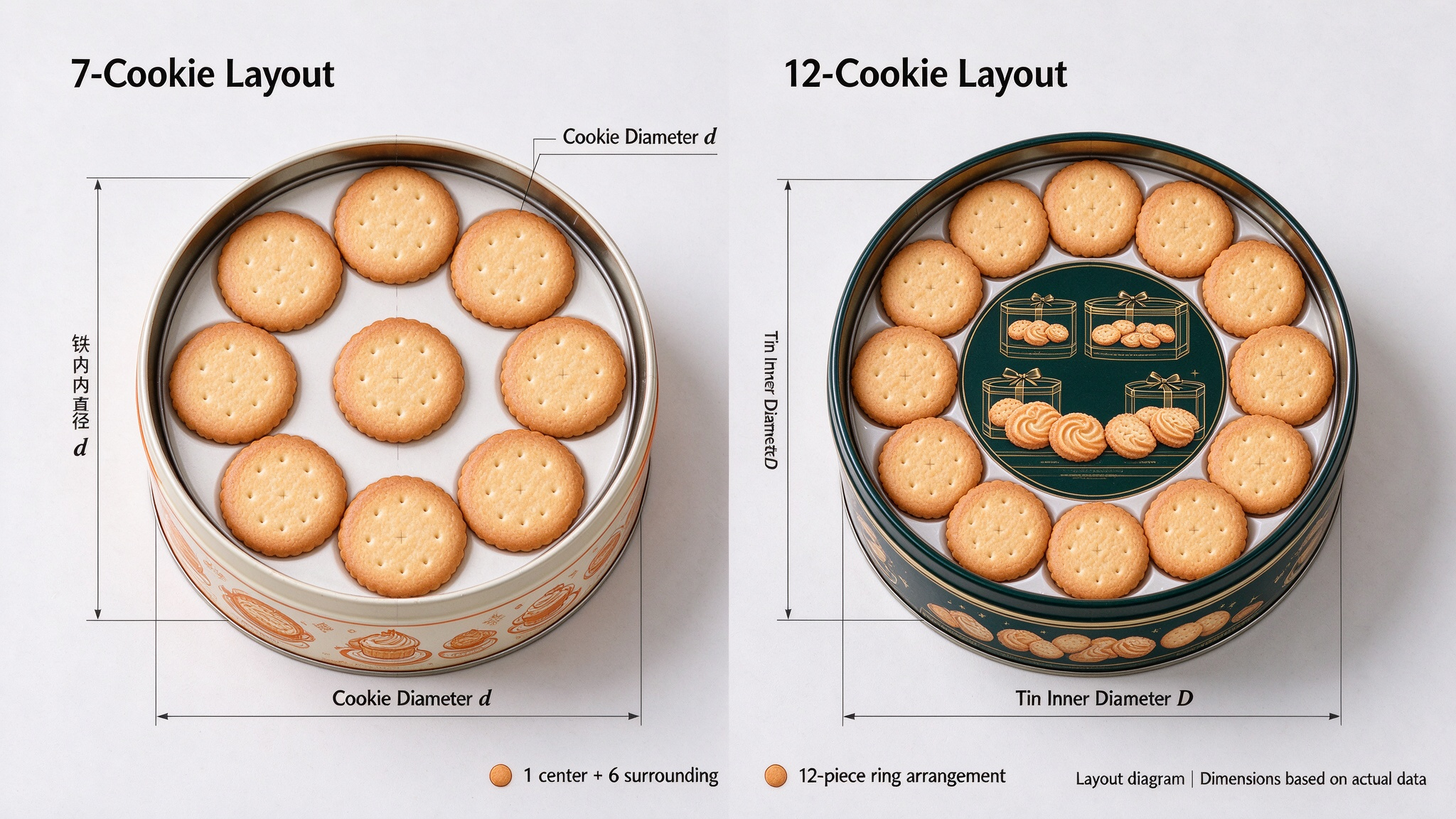 top view of seven and twelve round cookies arranged inside circular tins with diameters labeled